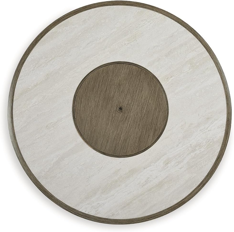 Signature Design by Ashley Rainier Ranch Contemporary Sintered Stone Tabletop Outdoor Fire Pit Table with Pedestal Base, Light Brown & Beige