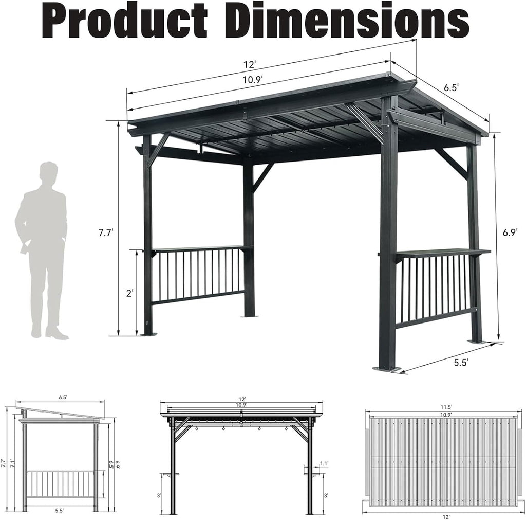 Hardtop Grill Gazebo, 2 Side Shelves & Ceiling Hooks, Permanent Outdoor BBQ Canopy with Galvanized Steel Roof, Metal All-Steel Frame for Patio, Backyard, Deck, Lawn, (Gray, 6.5x12FT Sloping Roof)