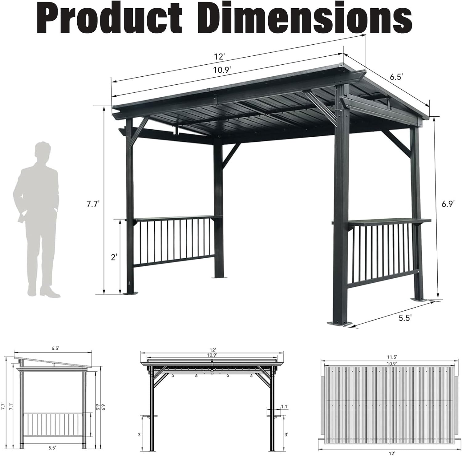 Hardtop Grill Gazebo, 2 Side Shelves & Ceiling Hooks, Permanent Outdoor BBQ Canopy with Galvanized Steel Roof, Metal All-Steel Frame for Patio, Backyard, Deck, Lawn, (Gray, 6.5x12FT Sloping Roof)