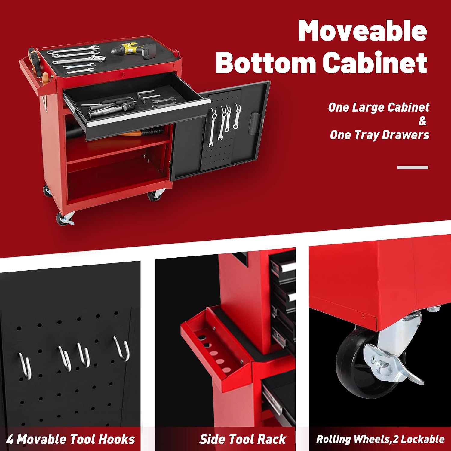 5-Drawer Rolling Tool Chest & Cabinet With Detachable Top Box - Heavy-Duty Metal Tool Cart With 4 Hooks, Lockable Drawers & 4 Wheels For Garage, Workshop, And Automotive Organization, (Red)