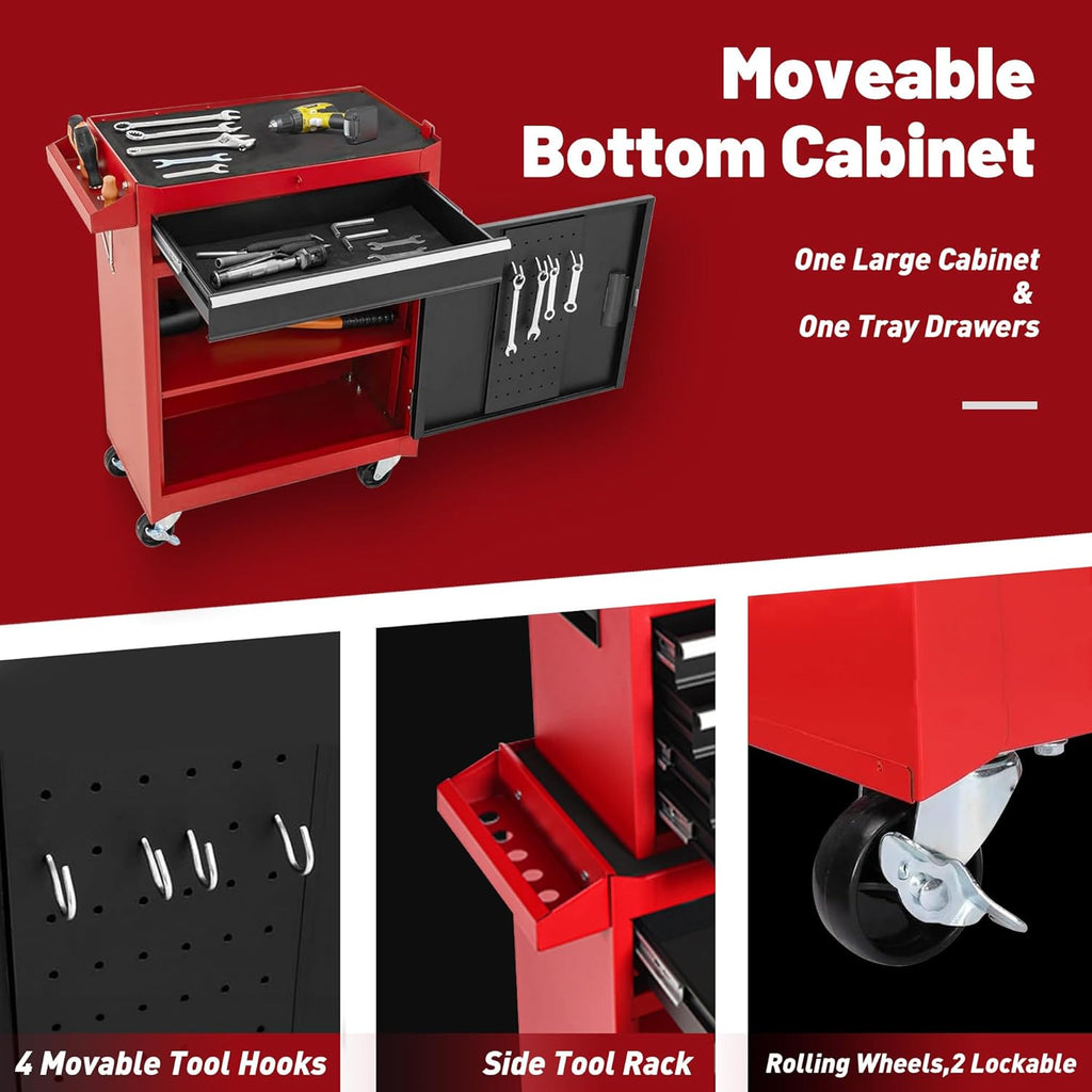 Tool Chest, 5-Drawer Rolling Tool Storage Cabinet with Detachable Top Tool Box, Liner, Universal Lockable Wheels, Adjustable Shelf, Locking Mechanism, Metal Tool Cart for Garage Workshop(red)