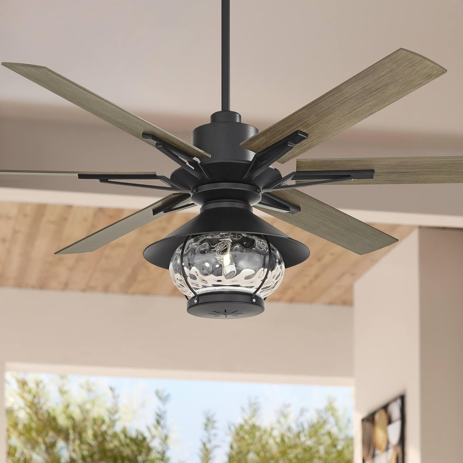 Casa Vieja 60' Expedition Modern Outdoor Ceiling Fan with LED Light Remote Control Matte Black Oak Wood Lantern Shade Damp Rated for Patio Exterior House Home Porch Gazebo Garage Barn