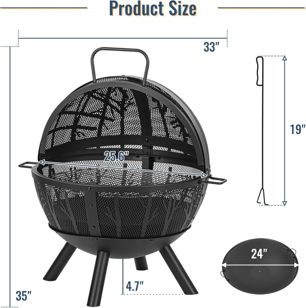 Panovue 35 Inch Wood Burning Fire Pit with BBQ Grill, Heavy Duty Fire Pits Ball for Outside with Spark Screen & Removable Ash Pan, Outdoor firepit & Fireplace for Bonfire in Garden, Yard