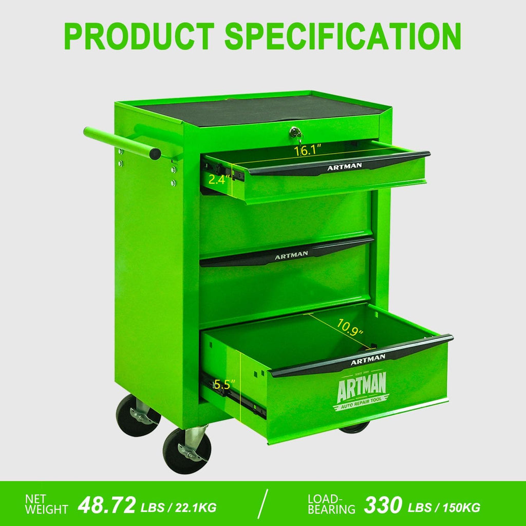 4 Drawers Tool Cart on Wheels, Multifunctional Rolling Tool Chest, Drawers Mobile Trolley Organizer Heavy Duty Tools Box with Locking Wheels & Ball Bearing Drawers (Green, 4 Drawers)