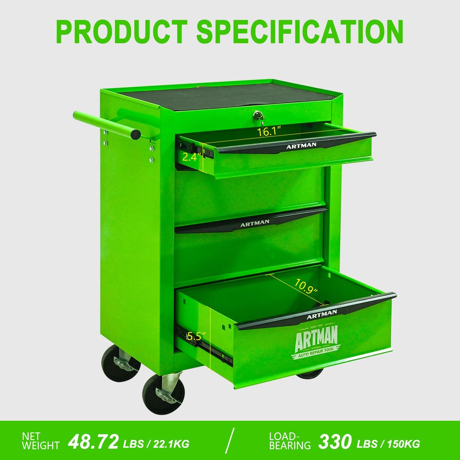 4 Drawers Tool Cart on Wheels, Multifunctional Rolling Tool Chest, Drawers Mobile Trolley Organizer Heavy Duty Tools Box with Locking Wheels & Ball Bearing Drawers (Green, 4 Drawers)