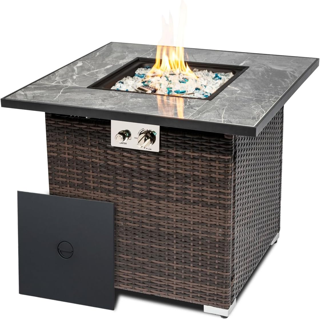 30'' Propane Fire Pit Table, Marble Textured Ceramic Tabletop, 50,000 BTU Fire Table with Brown Wicker, Mix Color Glass Rocks, Including Lid&Cover, Square