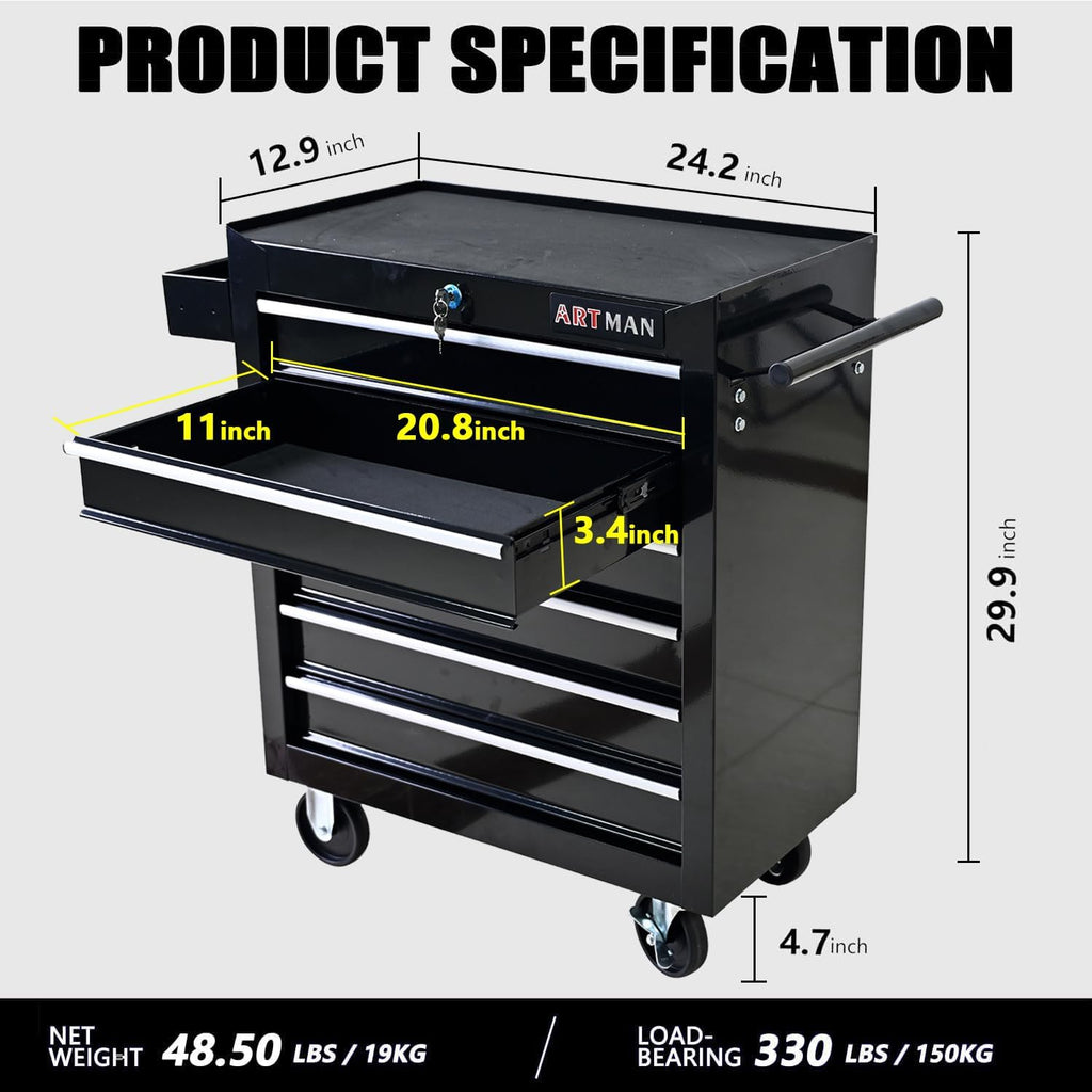 Aokleo 6 Drawers Tool Cart on Wheels, 6 Drawer Rolling Tool Chest with Key Lock, Trolley Organizer Tool Case, Multifunctional Rolling Tool Box for Garage,Warehouse,Workshop,Repair Shop (Black)