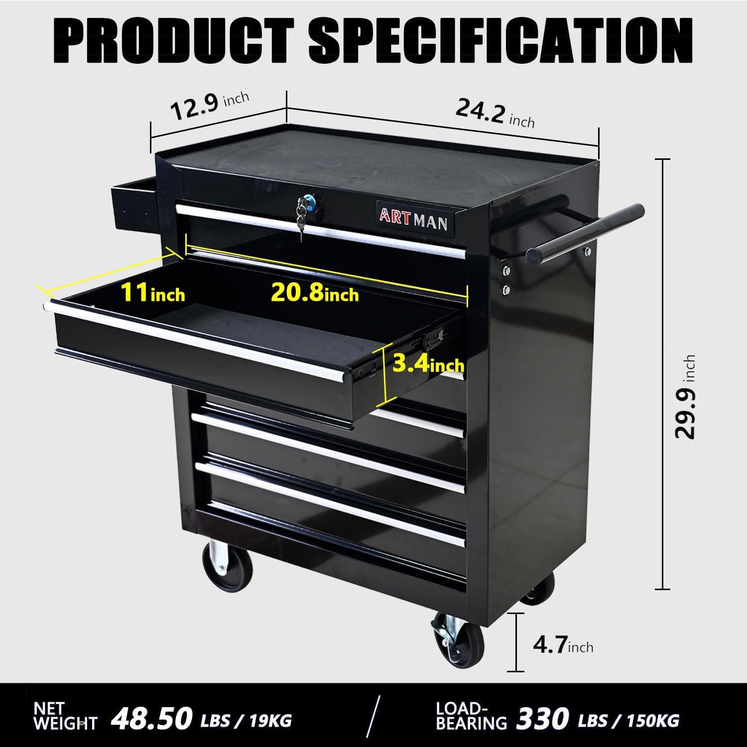 Aokleo 6 Drawers Tool Cart on Wheels, 6 Drawer Rolling Tool Chest with Key Lock, Trolley Organizer Tool Case, Multifunctional Rolling Tool Box for Garage,Warehouse,Workshop,Repair Shop (Black)