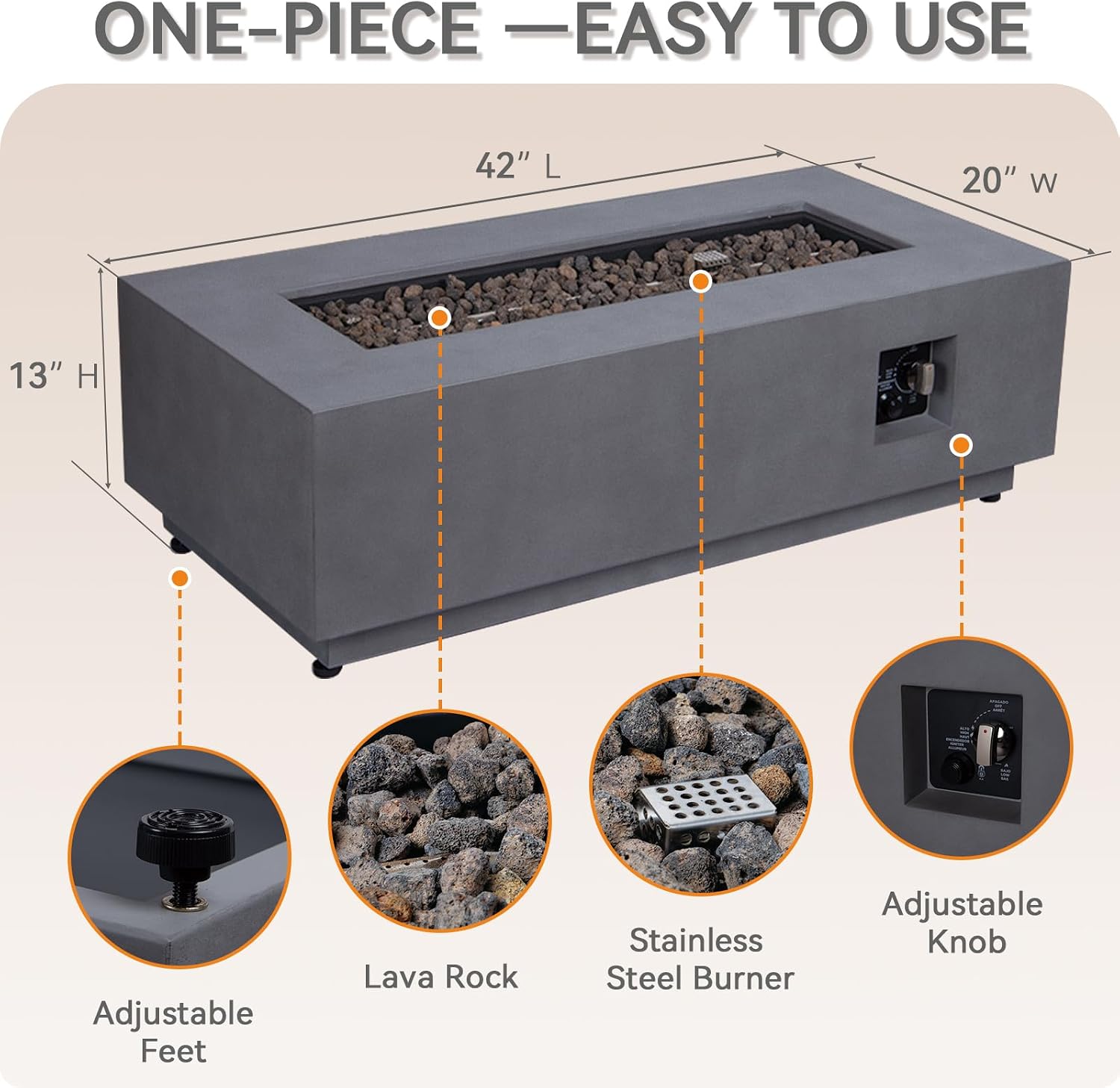 3-in-1 Propane Fire Pit Table, 42 Inch Rectangular Outdoor Fire Pit, 50,000BTU Firepit Table for Outside Patio with Tank Hidden Table, Griddle, Wind Guard, Lid, CSA Certified, Grey