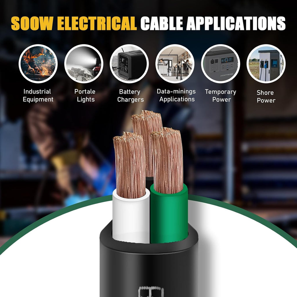 100ft 12/3 12 AWG Portable Power Cable (3 Conductor) - SOOW 600V 12 Gauge Electric Wire for Generator, Portable Lights, RV/EV Car Battery Chargers and Machinery - 100 Feet Electrical Cord
