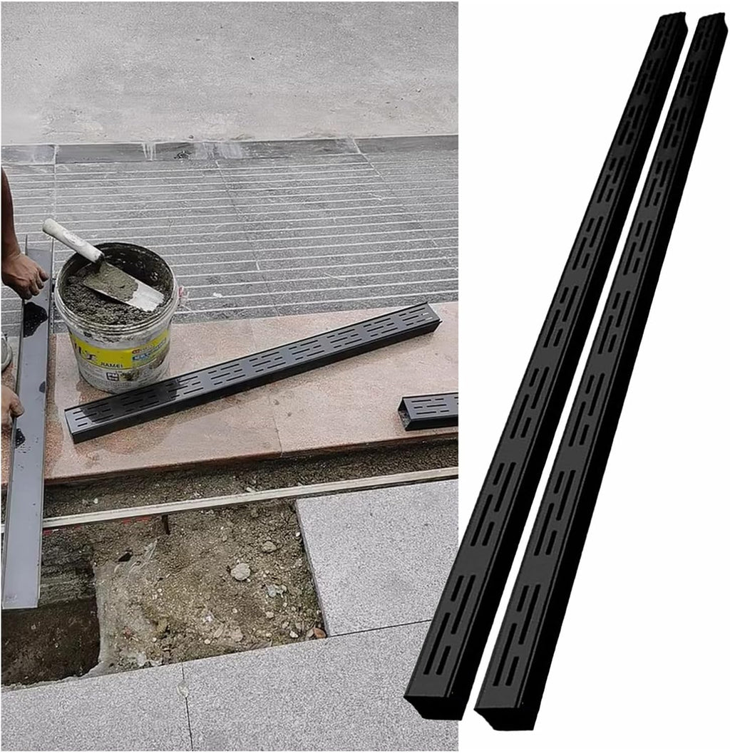 LZMZMQ 2 in. X 6.5 ft. Slim Channel Drain Kit, Balcony/Patio/Gazebo/Pool/Deck Low Profile Drainage Trench System Splicable, Garden Narrow Long Sewer Gutter Drain Pipe with Cover(Black,Set of 2)