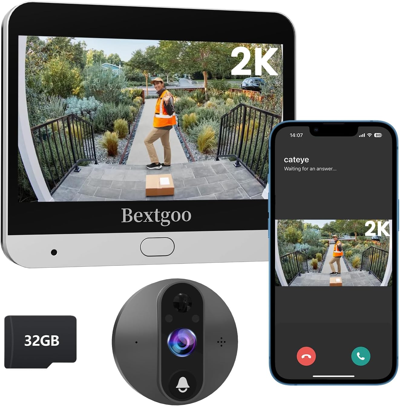 2K Video Peephole Doorbell Camera with 32GB Memory Card, Door Viewer with 4.3' Color Monitor, 8000mAh Battery, 170° Wide View, Motion Detection Alerts, Night Vision