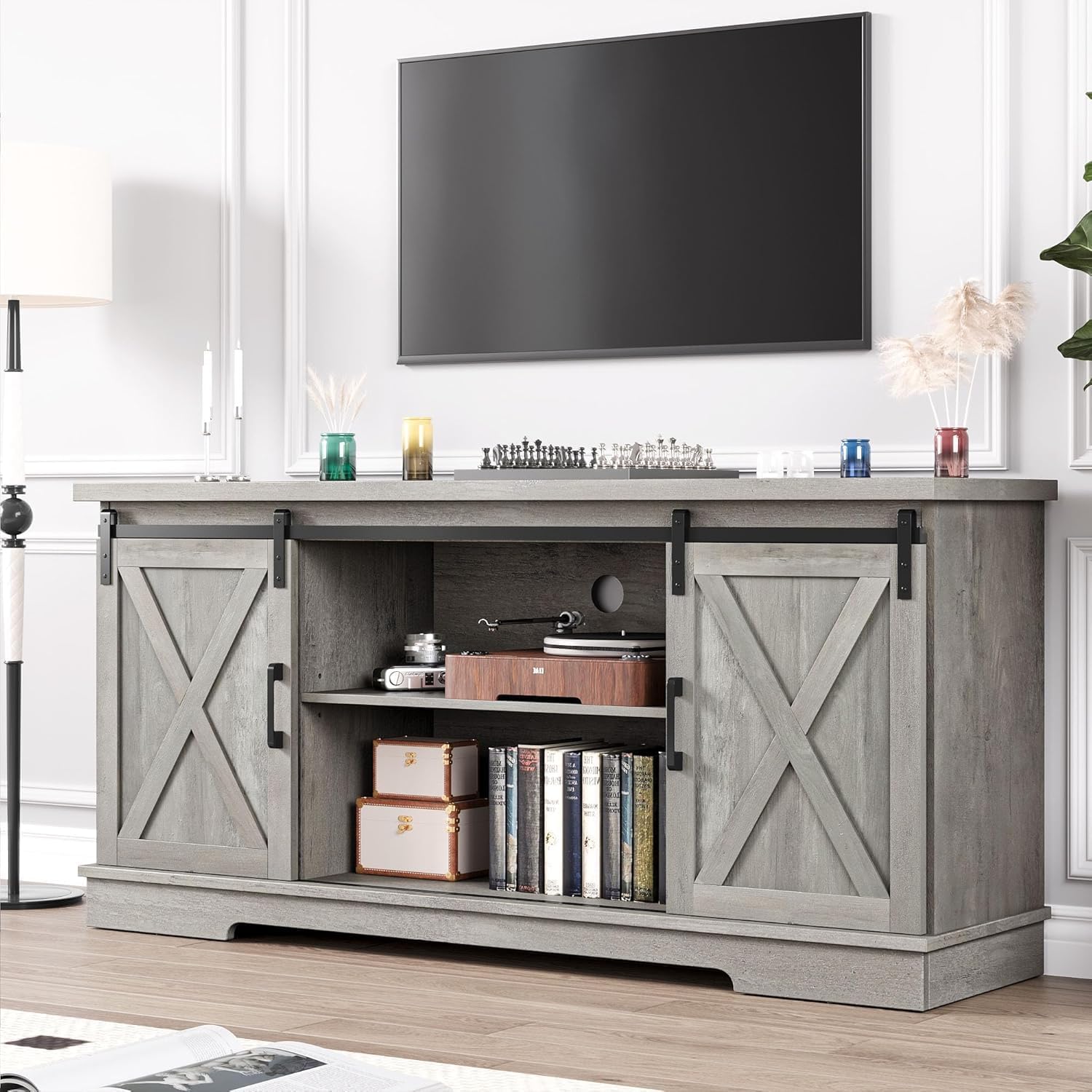 Farmhouse TV Stand for TVs up to 65', Modern Entertainment Center with Sliding Barn Doors & Adjustable Shelves, TV Console for Living Room, Heavy Duty 220lbs Load (Grey)
