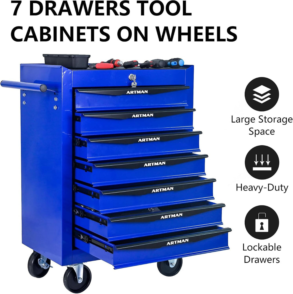 Rolling Tool Box with Wheels, Mechanics Tool Chest with 7 Drawers, Tool Box Organizer with 7 Tool Storage Boxes, Lockable Tool Storage Cabinet for Home Garage Workshop Warehouse Repair Shop, Blue