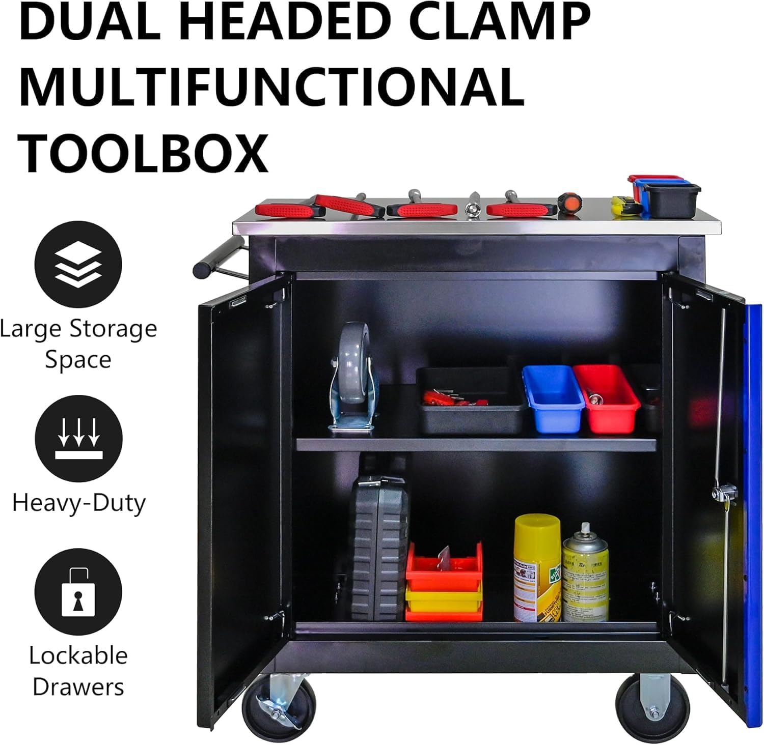 RYH 4/5/6/7 Drawers Rolling Tool Chest -Heavy Duty Mobile Metal Tool Box with Locking Wheels, with Stainless Steel Worktop, Garage Tool Storage Cabinet (Black-Blue, 2 Doors 30.7' H×25.9' W)