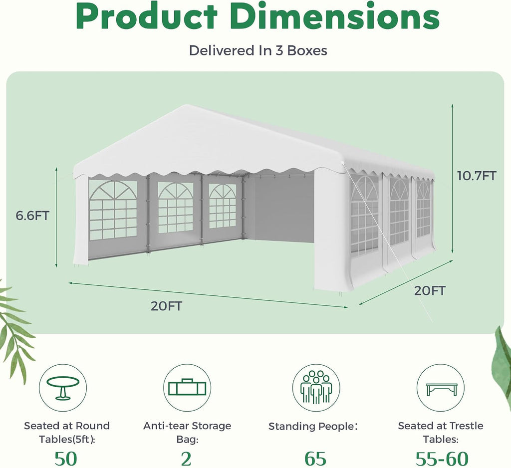 EROMMY 20x20ft Party Tent, Heavy Duty Large Wedding Canopy Outdoor Carport with 6 Removable Sidewalls, 2 Roll-up Doors, 2 Storage Bags, Gazebo Shelter Tent for Party Event Commercials, White