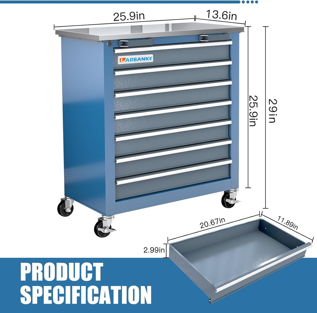 LARBANKE 7-Drawer Rolling Tool Chest with Stainless Steel Countertop,Tool Chest with Secure Locking System,Tool Cabinet with 360°Wheels and Padded Feet,for Home, Garage and Office