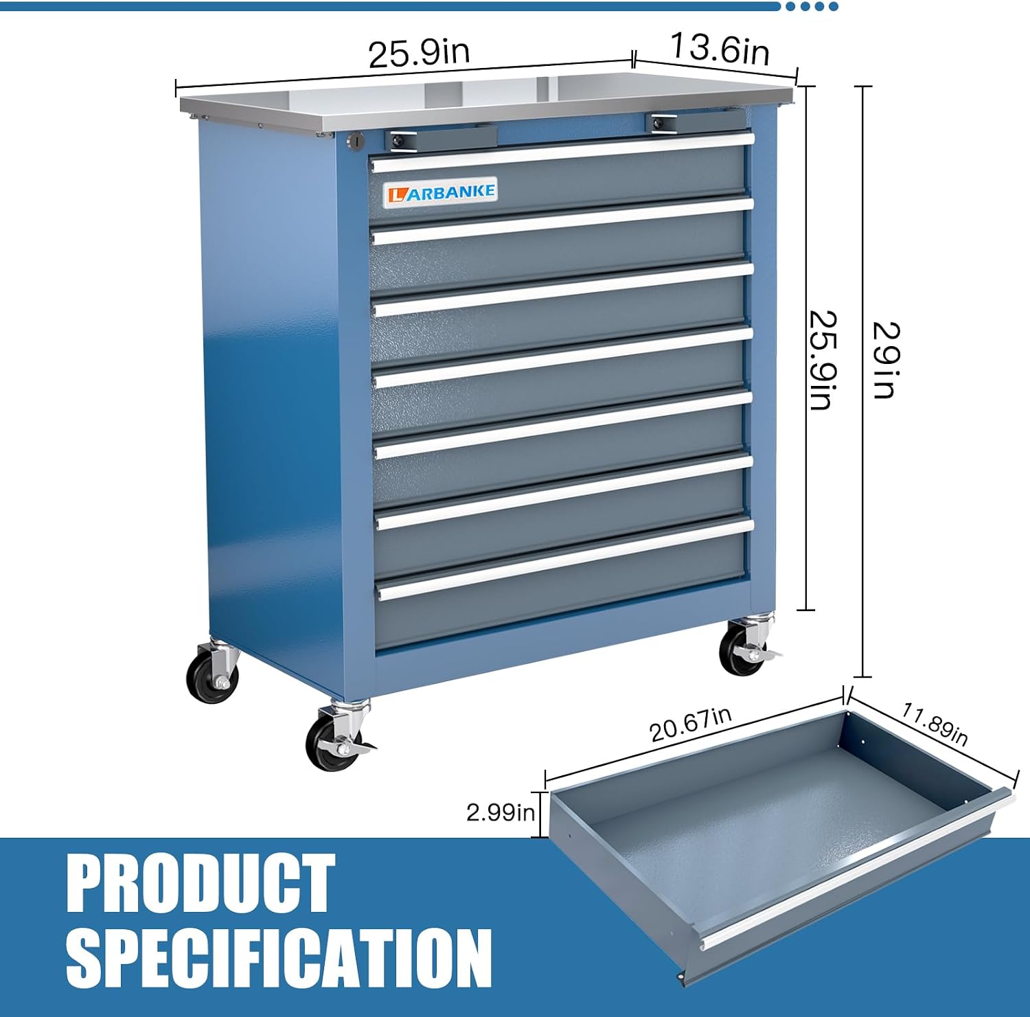 LARBANKE 7-Drawer Rolling Tool Chest with Stainless Steel Countertop,Tool Chest with Secure Locking System,Tool Cabinet with 360°Wheels and Padded Feet,for Home, Garage and Office
