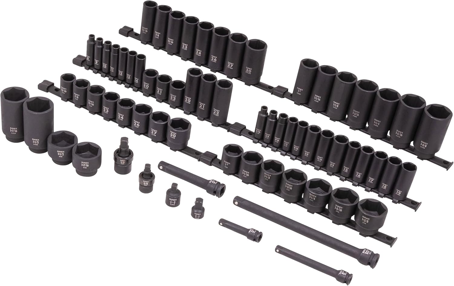 SUNEX 1068 3/8' & 1/2' Drive SAE & Metric 6 Point Standard & Deep Master Impact Socket Set, 68-Piece