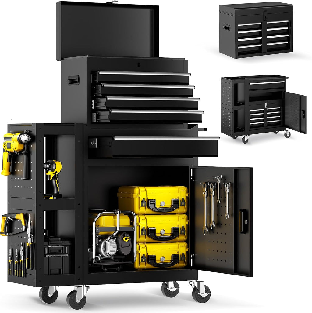 SILVEL 5-Drawers Rolling Tool Chest, Assembled Tool Box with Auto Locking System & Lockable Wheels & Sliding Drawers & Detachable Top, Tool Storage Cabinet for Garage Workshop, Black