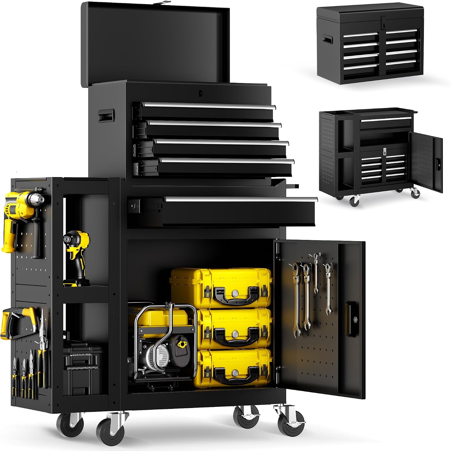 SILVEL 5-Drawers Rolling Tool Chest, Assembled Tool Box with Auto Locking System & Lockable Wheels & Sliding Drawers & Detachable Top, Tool Storage Cabinet for Garage Workshop, Black