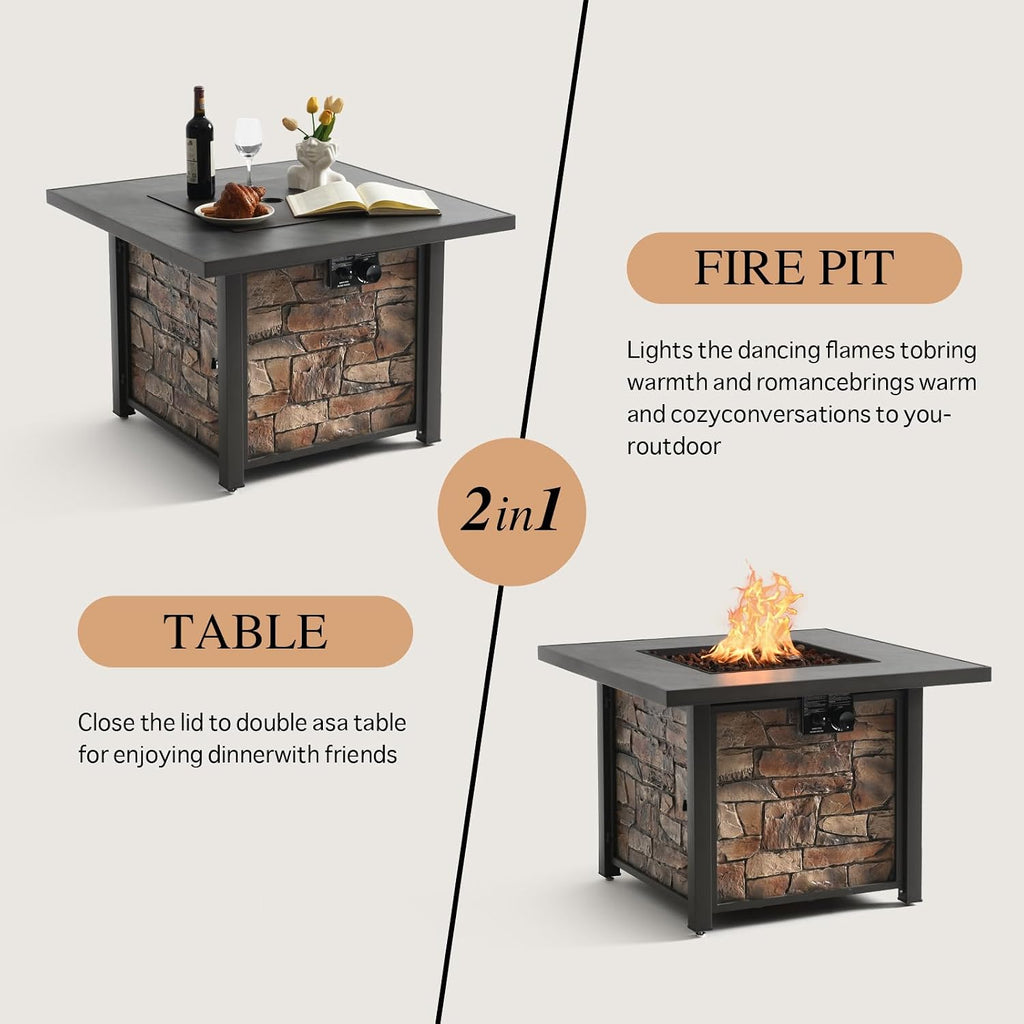 36'' Propane Gas Fire Pit Table, Sintered Stone Tabletop & Polyresin Stone Look Panel, 50000 BTU Gas Fire Pit for Outside Patio and Garden, with Metal Lid & Lava Rocks
