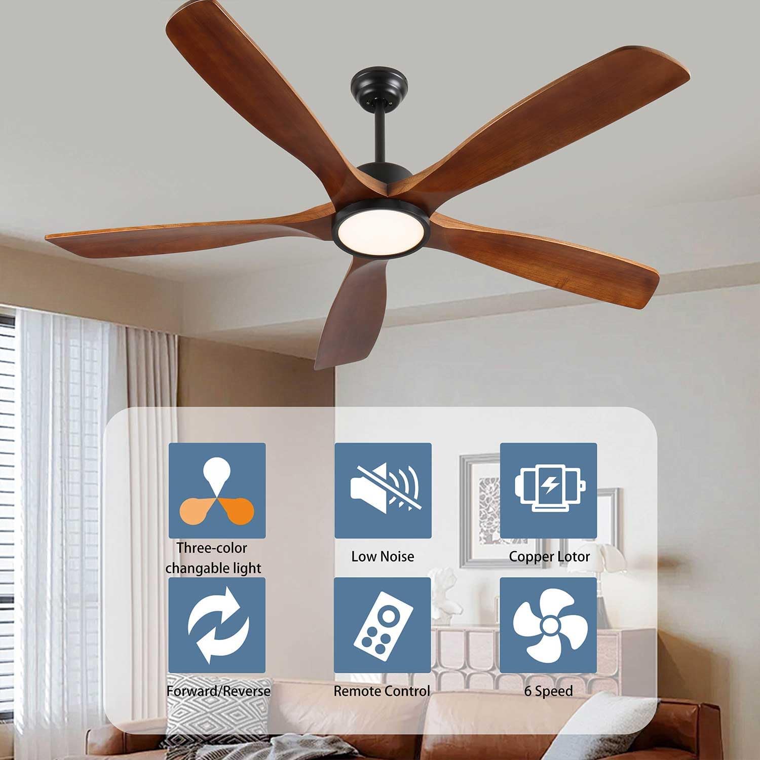 72 Inch Wood Ceiling Fans with Lights, Remote Control, 5 Walnut Blades, Indoor/Outdoor Noiseless Reversible Fan with LED Light, Timer, DC Motor, Large Ceiling Fans for Patios Gazebo Farmhouse