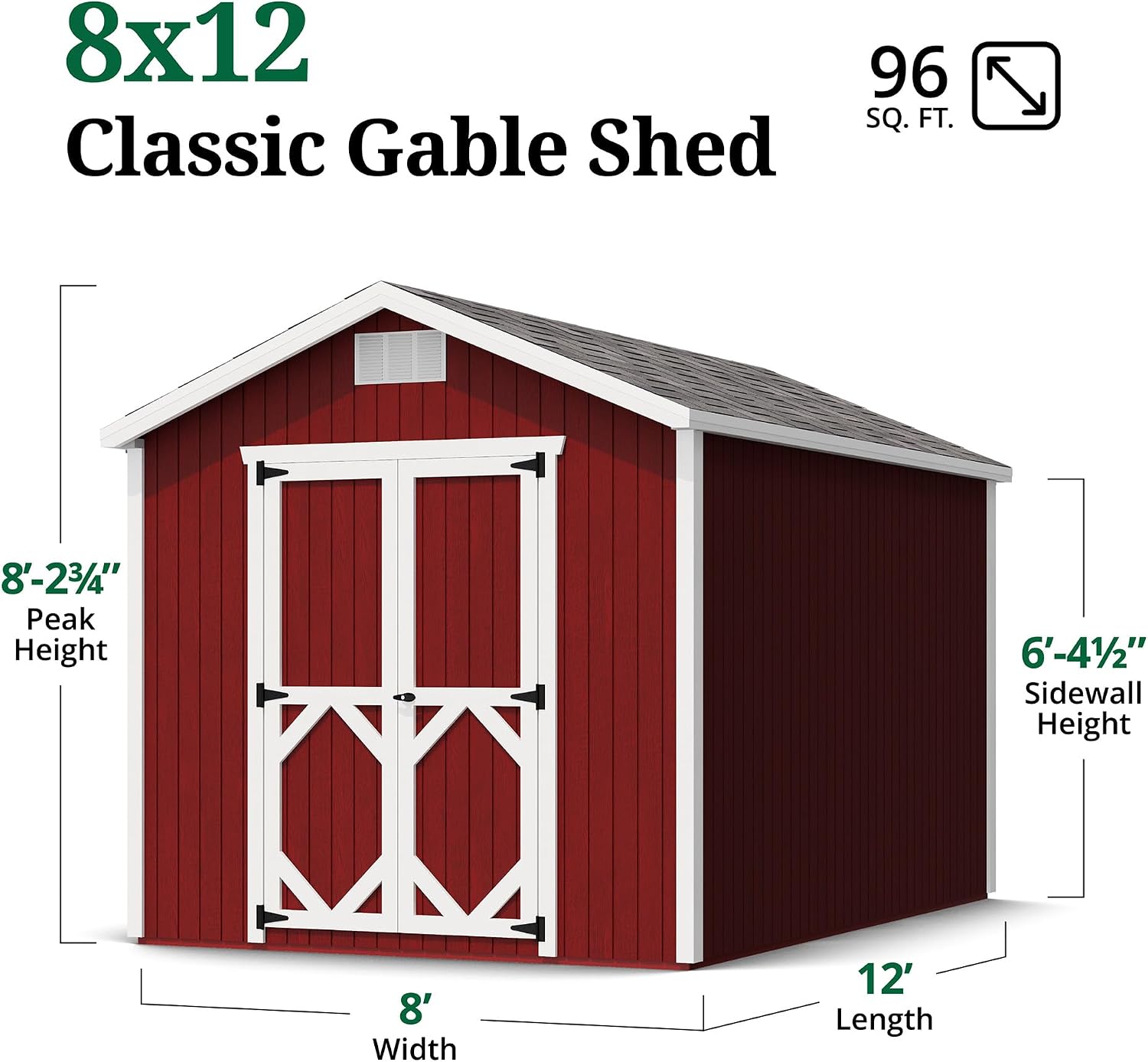 Little Cottage Co. 8x12 Classic Gable Shed with Floor, Outdoor Wood Storage Do-It-Yourself Precut Kit