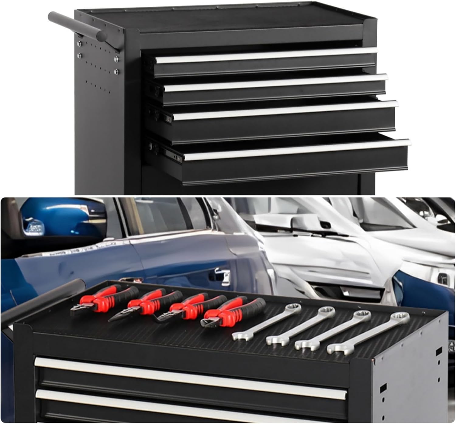 Tool Chest, 4-Drawers Rolling Tool Box with Workbench, Wheels & Handle, Large Space Mechanic Tool Cart, Suitable for Garages, Warehouses, Workshops, Repair Shops, Capacity 450lbs, Black