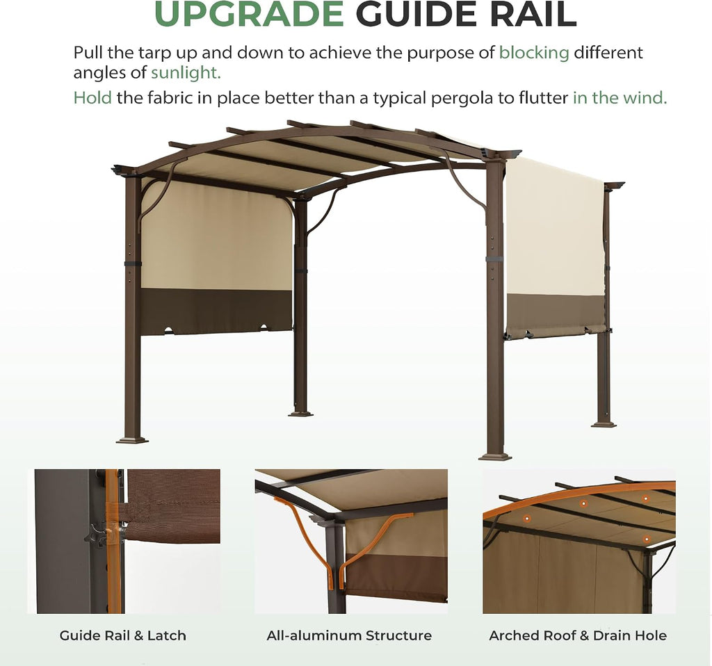 10' x10' Arched Outdoor Pergola for Deck, Outdoor Retractable Pergola with Canopy and Hardware, Small Aluminum Frame with Canopy Fixed in Various Positions (Brown)