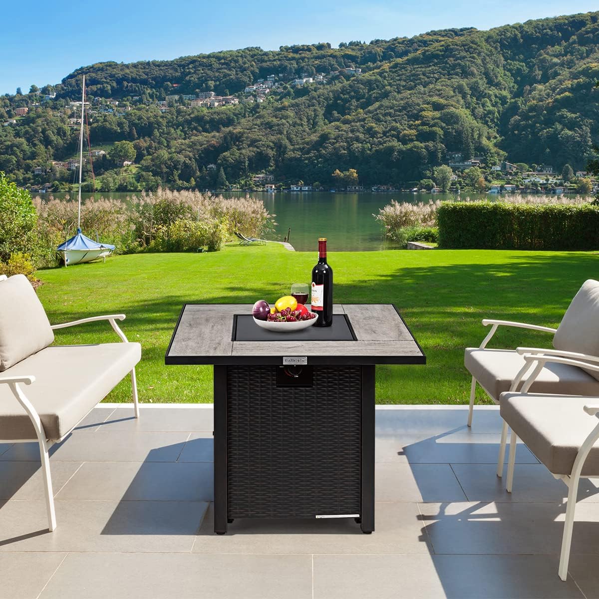 COSTWAY 30' Propane Gas Fire Table, Patio Square Fire Pit Table w/Stainless Steel Burner, 50,000 BTU Heat Output, Elegant Tile Tabletop, PVC Cover Perfect for Poolside, Backyard