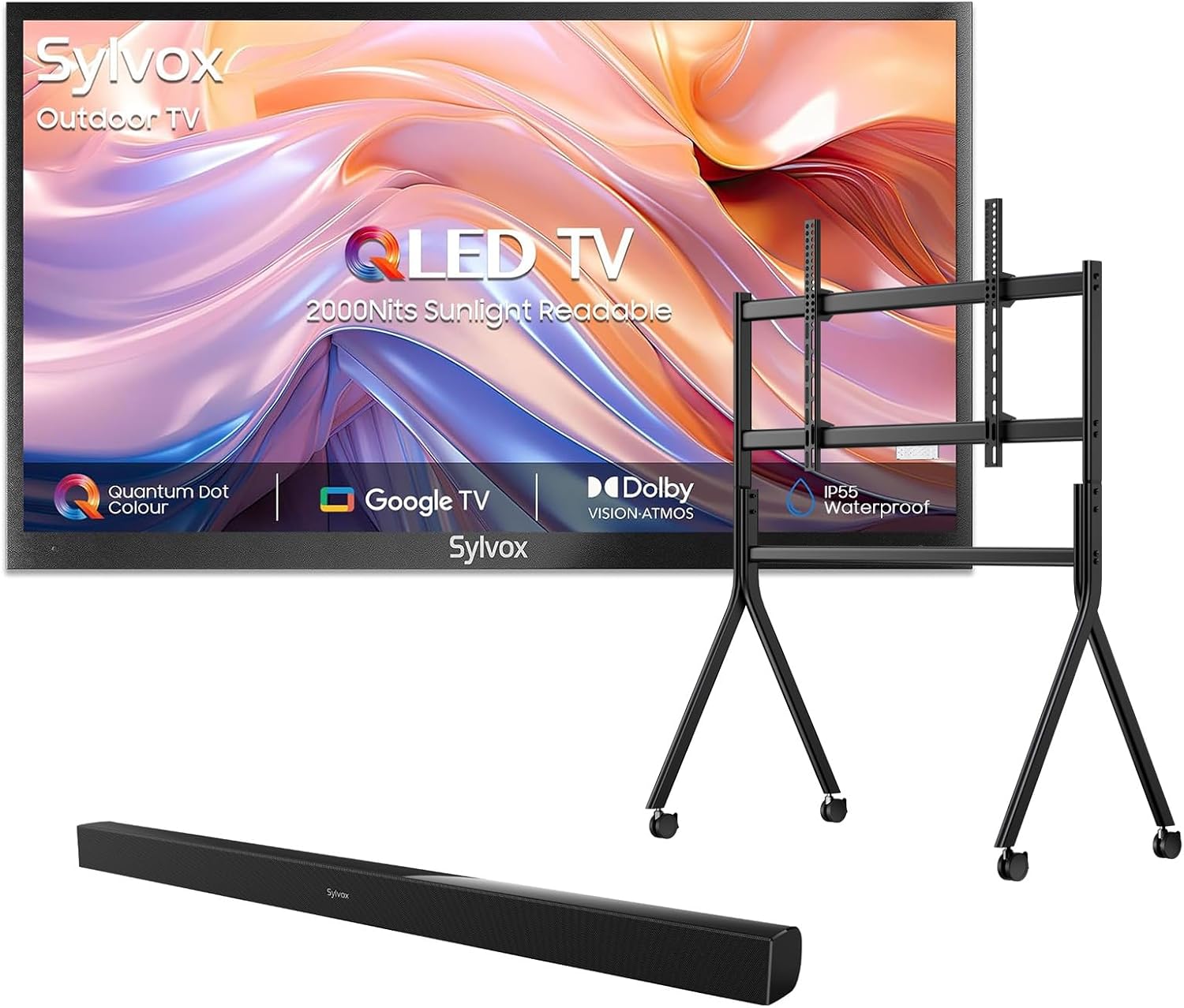 SYLVOX Outdoor TV with Rolling Stand & Soundbar, 75 inch Smart QLED TV, 2000 Nit Full Sun, Weatherproof, 4K UHD, IP56 Waterproof, Commercial Grade (2026 Model)