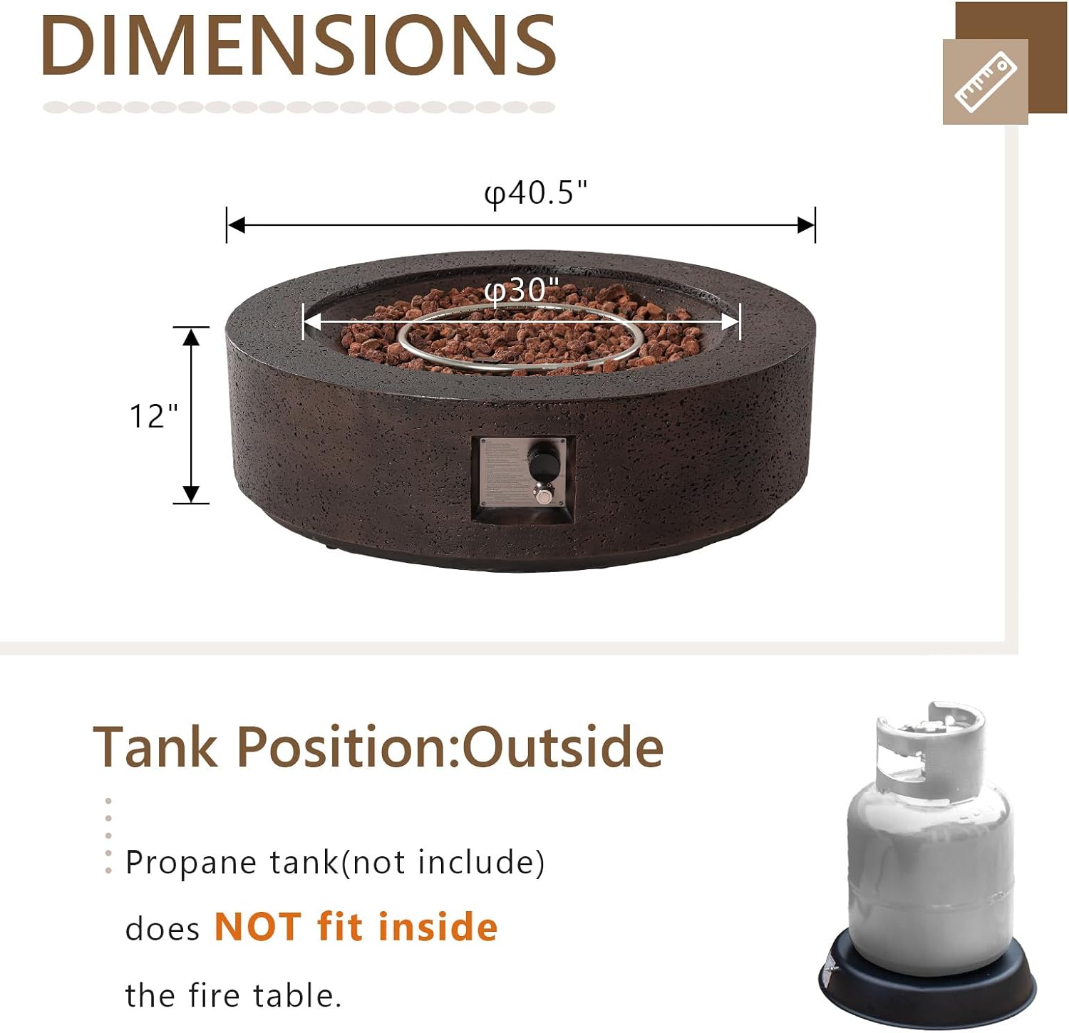 COSIEST 42 inch Outdoor Propane Fire Pit Coffee Table w Concrete Round Base Patio Heater, 50,000 BTU Stainless Steel Burner, Free Lava Rocks, Rain Cover, Brown