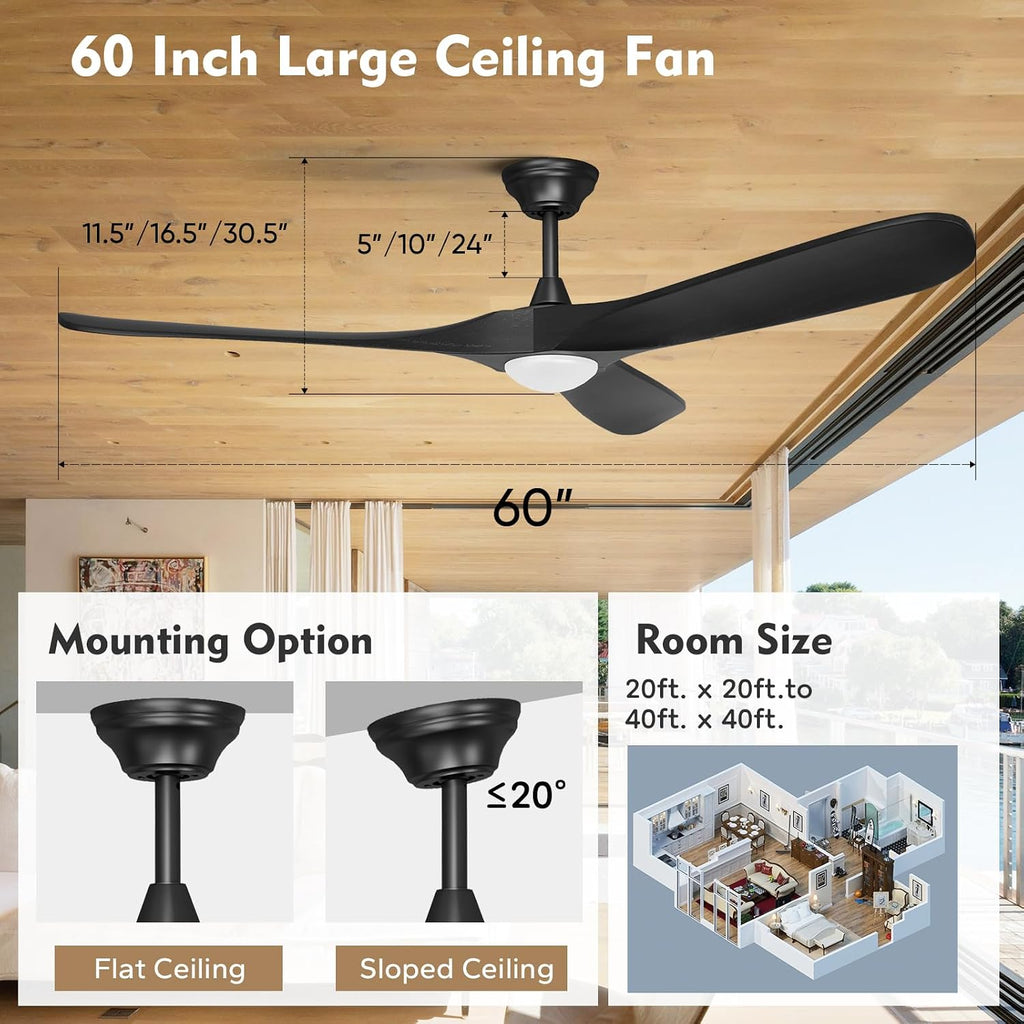60 Inch Indoor Outdoor Ceiling Fan with Remote & Dimmable Light, Damp Rated, 3 Propeller Solid Wood Blades, 7000 High CFM 6-Speed Quiet Reversible DC Motor, for Patio Living Room Bedroom, Modern Black