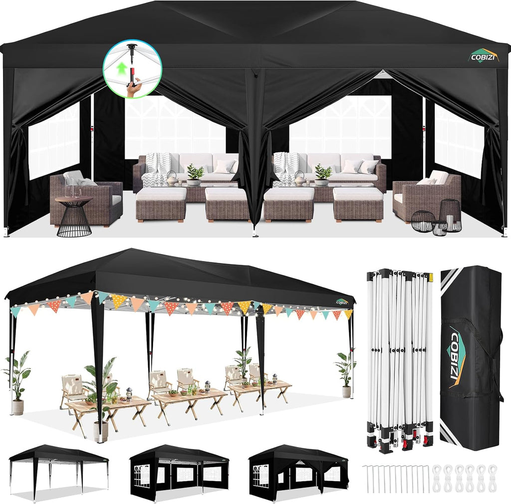COBIZI 10x20 Canopy Tents for Parties 10x20ft Easy Setup Pop up Tents with Sidewalls & One Push Lock Waterproof Outdoor Large Shelter Party Tent for Wedding Car Port Events Patio Gazebo(Black)