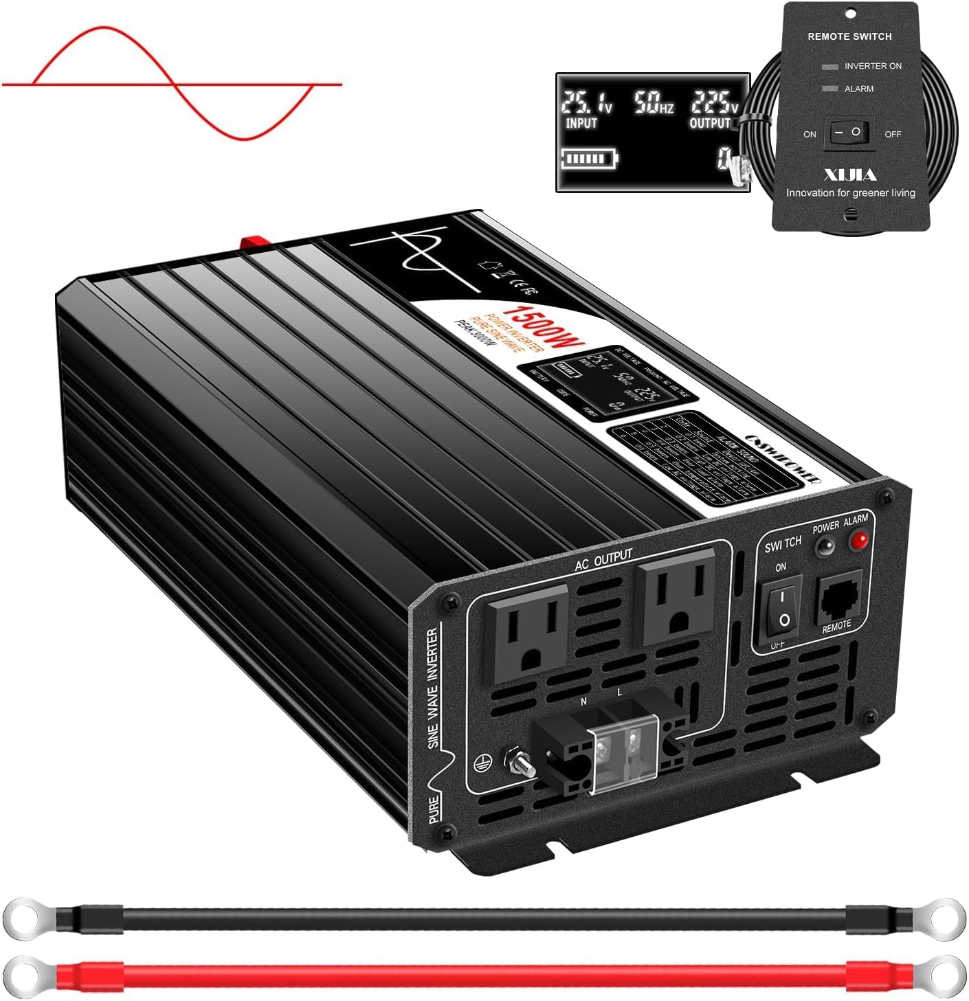 Xijia 1500W Power Inverter，12V to 120V Pure Sine Wave Inverter，Surge 3000W Solar Converter for Truck，Home Backup Solar Systems ，with Bluetooth Remote Control