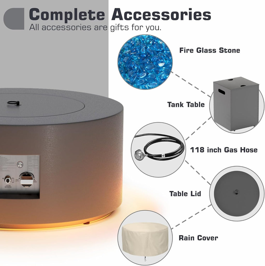 2-Piece 30' LED Round Propane Fire Pit for Outside Patio with Hidden Tank Table, 50,000 BTU Fireplaces with Lid, Glass Rocks, Cover(Dark Grey w/Golden Light)