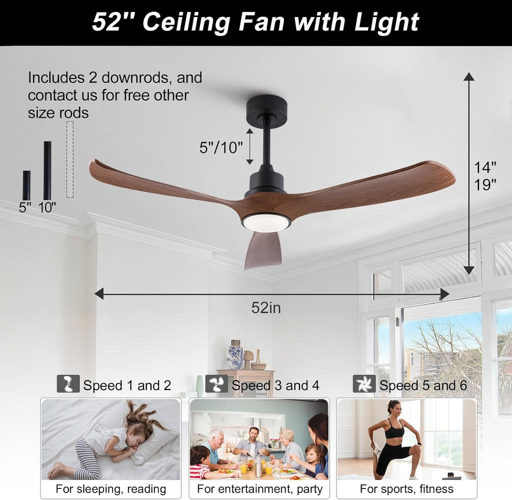 52 Inch Ceiling Fans with Lights and Remote, Memory Function Brown Ceiling Fans, Reversible Modern Ceiling Fan for Outdoor Patio Proch Gazebo Indoor Bedroom (Not Real Wood)