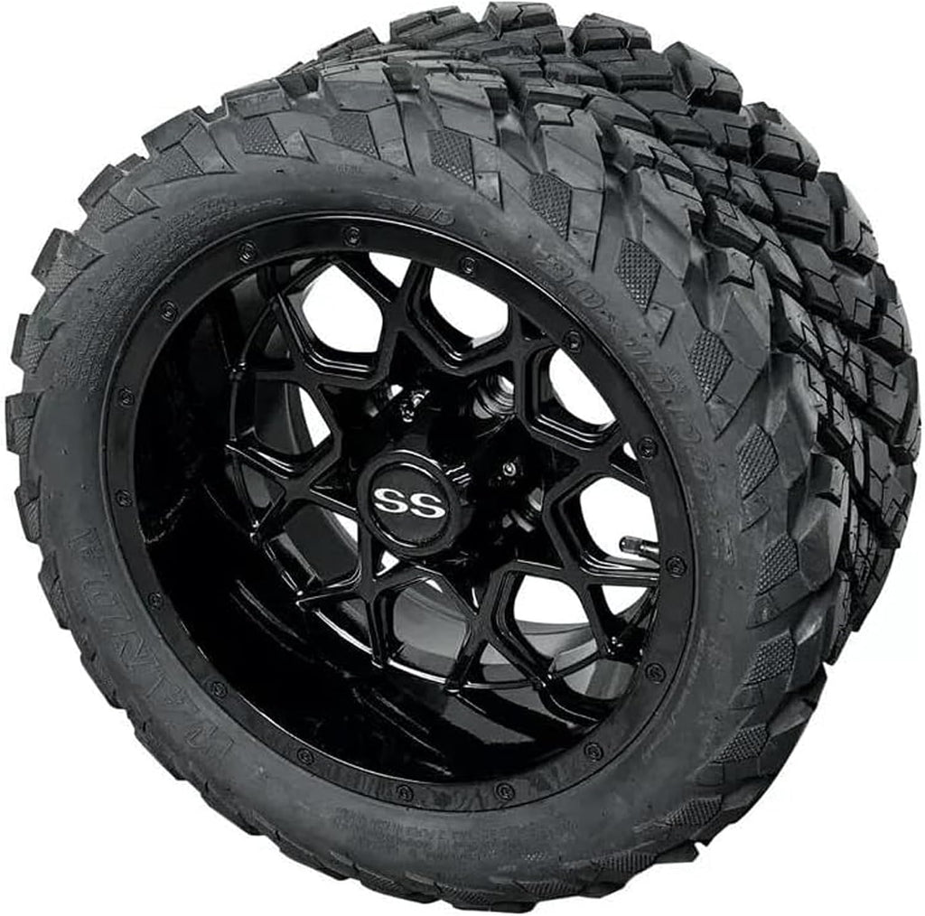 12 Inch Glossy Black Fusion Golf Cart Wheels & Tires Set of 4, 20x10-12 All Terrain Tires/Street Use, DOT Certified Golf Cart Wheels Compatible with EZGO, Club Car, YMH