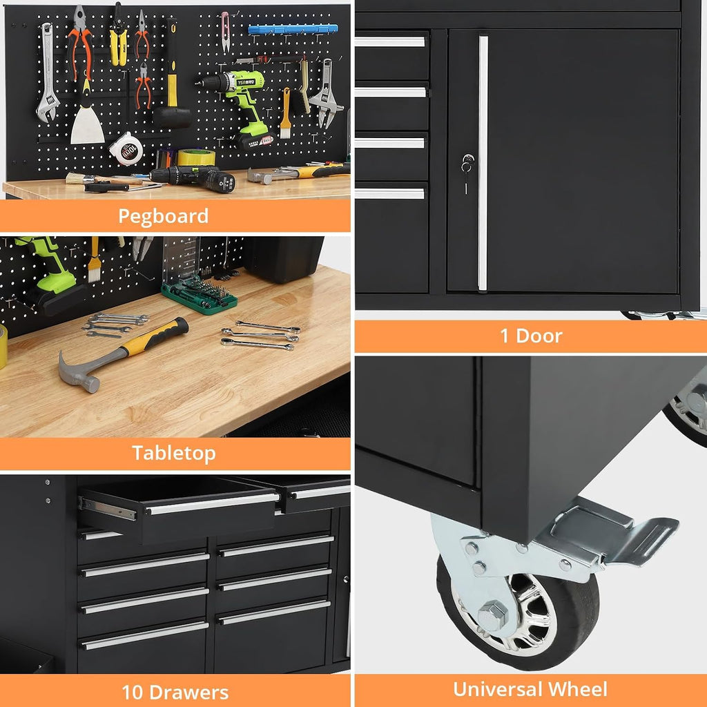Garvee Rolling Tool Chest, 61 in Garage 10 Drawers Workbench Storage Tool Cabinet with Solid Rubber Wood Top, Power Strip, 1675 LBS Load Mobile Workstation, Heavy Duty Rolling Cabinet, Black