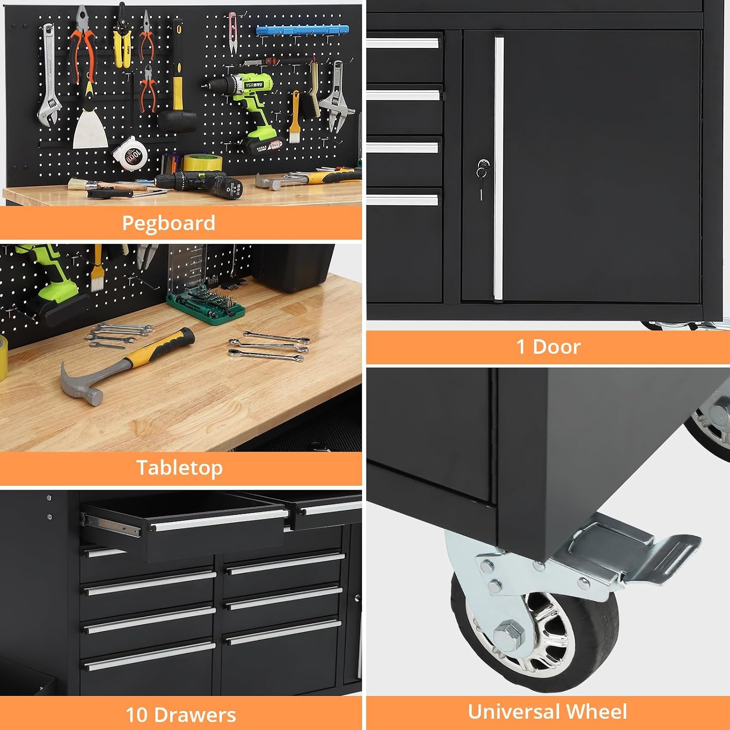 Garvee Rolling Tool Chest, 61 in Garage 10 Drawers Workbench Storage Tool Cabinet with Solid Rubber Wood Top, Power Strip, 1675 LBS Load Mobile Workstation, Heavy Duty Rolling Cabinet, Black