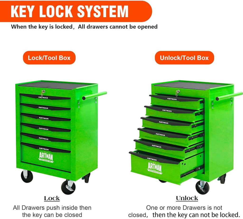 6 Drawers Rolling Tool Box on Wheels, Multifunctional Tool Chest Cabinet with Lock, Drawers Rolling Tool Cart Trolley Organizer Tool Storage Case for Warehouse,Garage,Workshop (Green)
