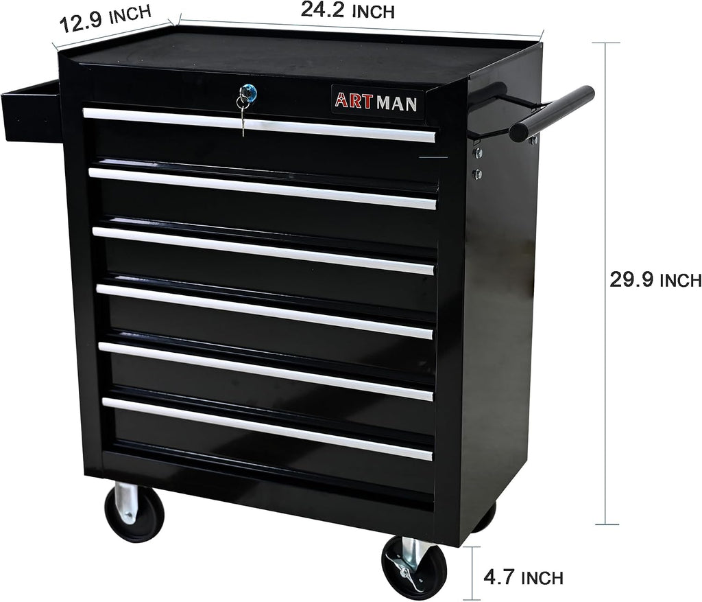Campfun Rolling Tool Box, 6-Drawer Metal Tool Cart with Drawer Liner & Hanging Box, Storage Organizer Trolley Lockable, Multifunctional Mechanic for Home Garage Warehouse Workshop Repair Shop, Black