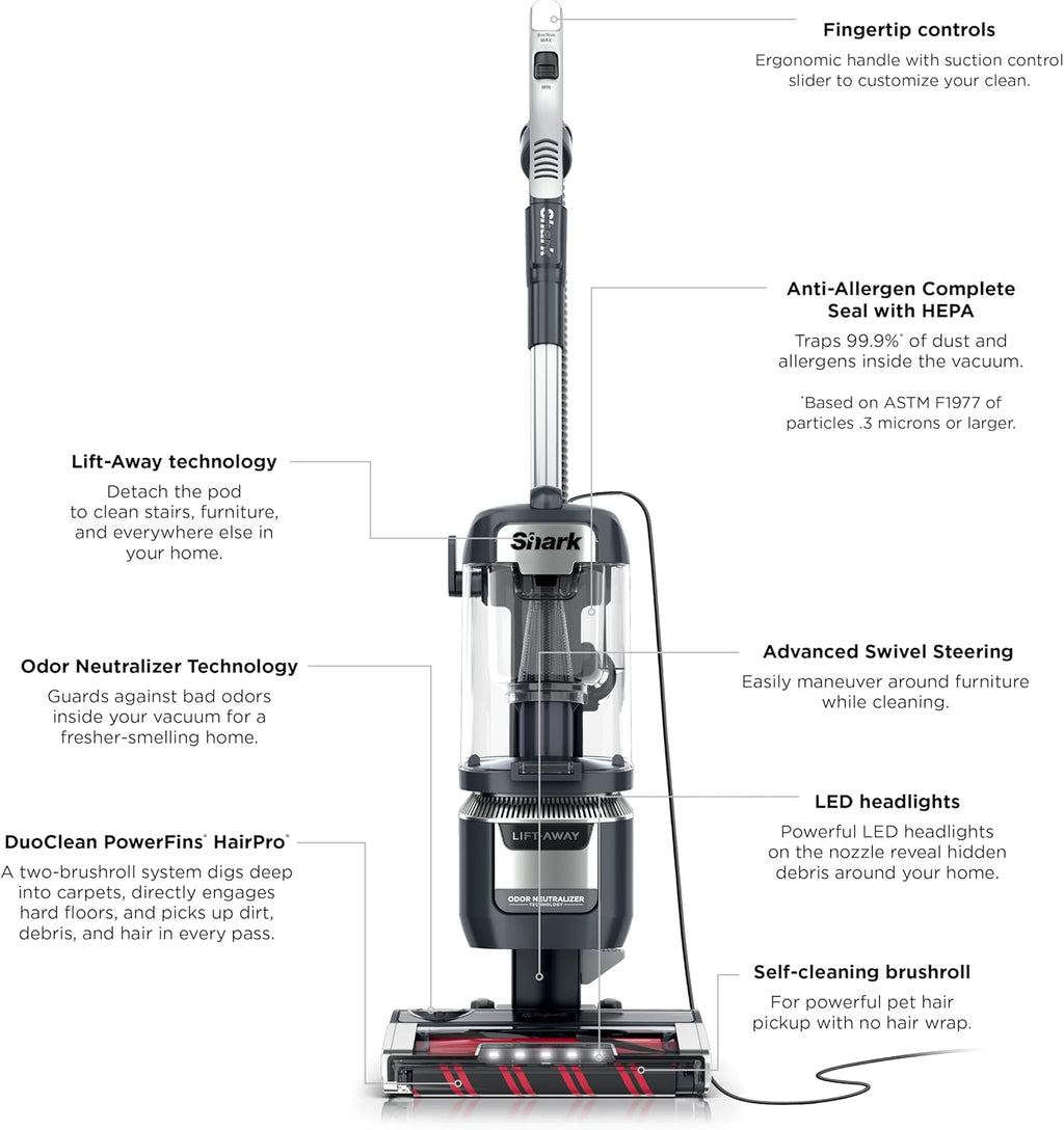 Shark Rotator Pet Pro Lift-Away ADV Upright Vacuum with HEPA Filter, DuoClean PowerFins HairPro and Odor Neutralizer Technology, Pet Hair Pickup, For Carpets & Hardfloors, Dark Grey, LA555