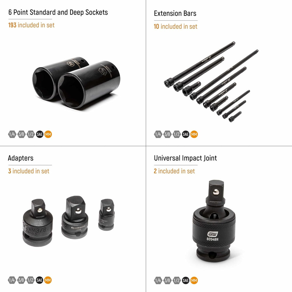 GEARWRENCH 209 Piece SAE/Metric 1/4', 3/8', & 1/2' Drive Master Impact Socket Set - 89072