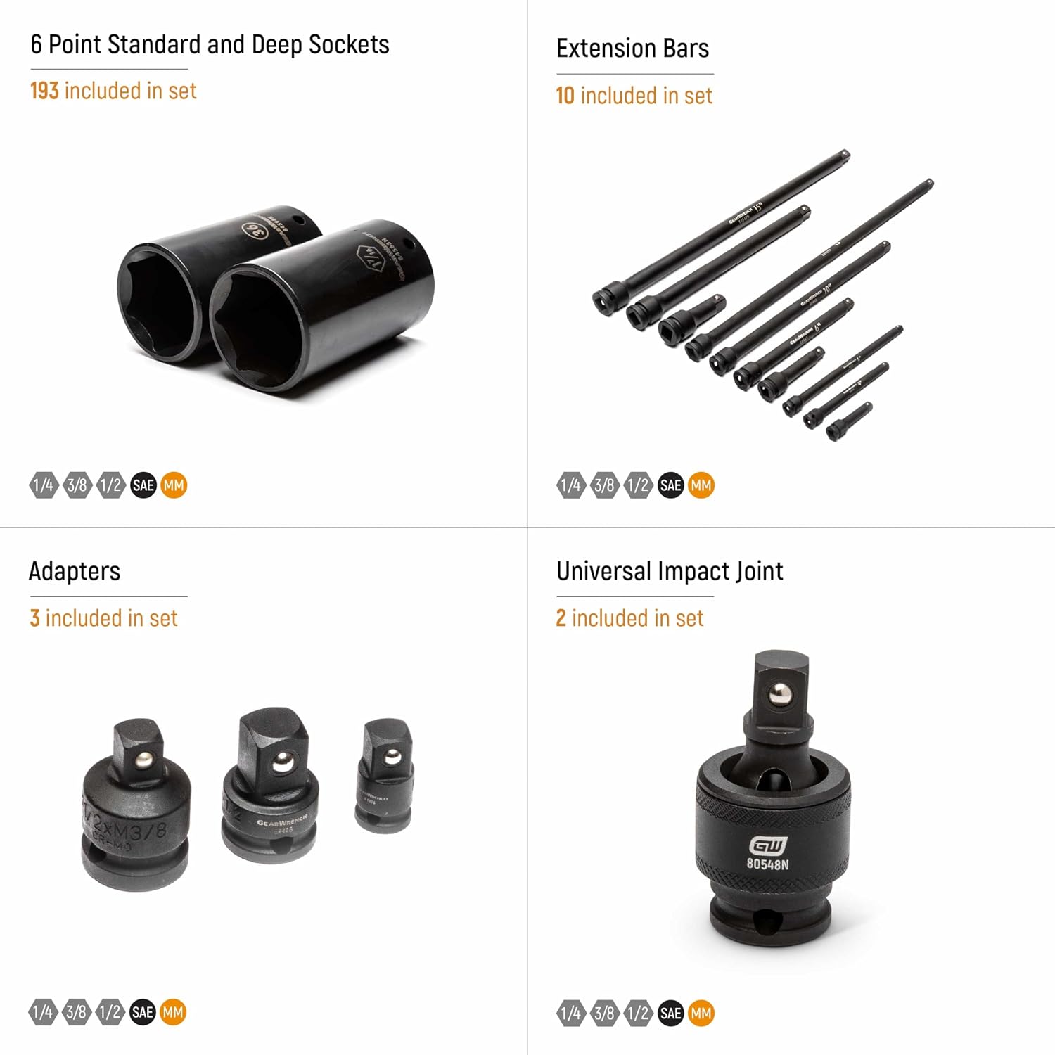 GEARWRENCH 209 Piece SAE/Metric 1/4', 3/8', & 1/2' Drive Master Impact Socket Set - 89072