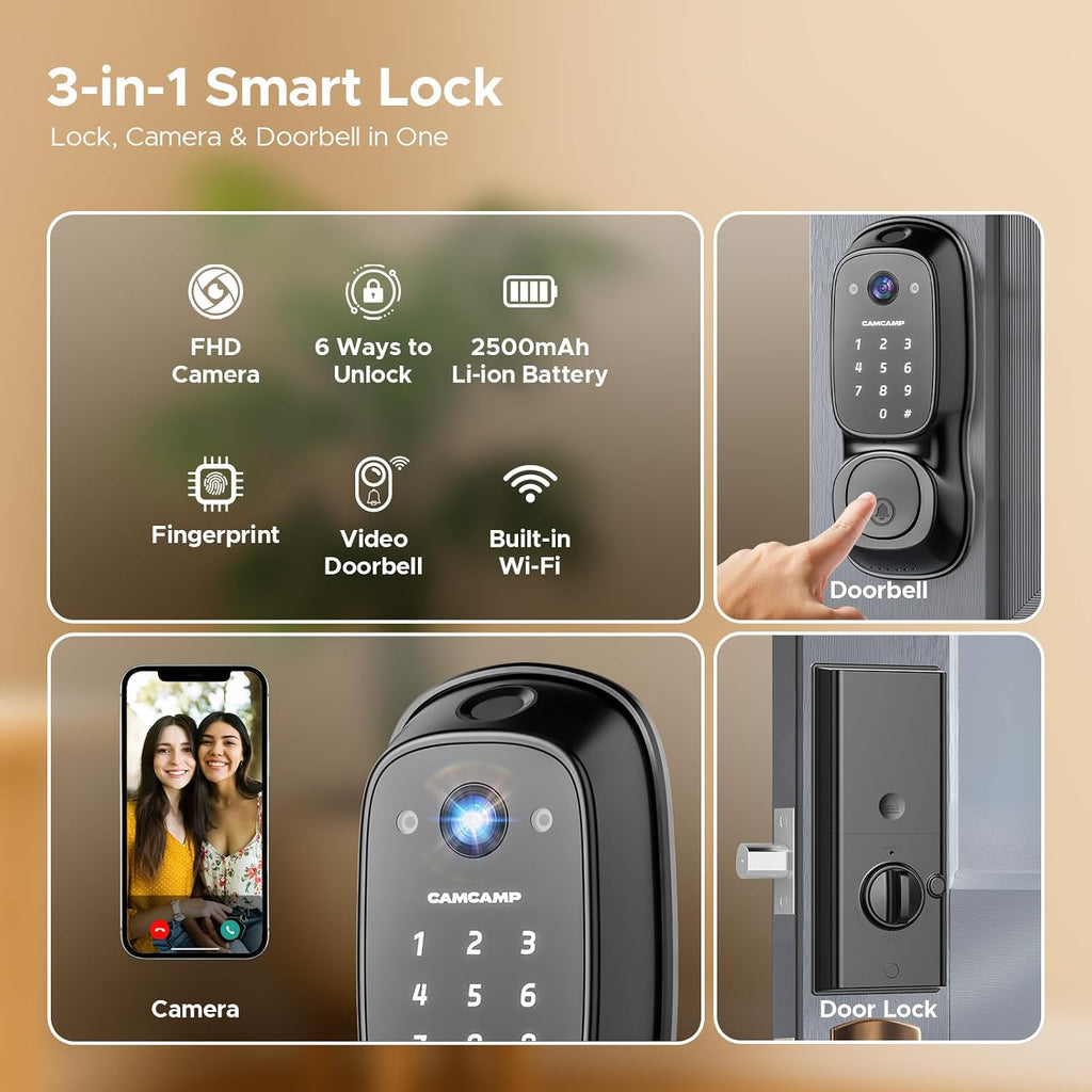Smart Lock with Camera & Doorbell, 3-in-1 Smart Deadbolt for Front Door, Fingerprint Keyless Entry Door Lock with Live View, Video Smart Lock Built-in Wi-Fi, Auto Lock, Siri Unlock, IP66 Waterproof