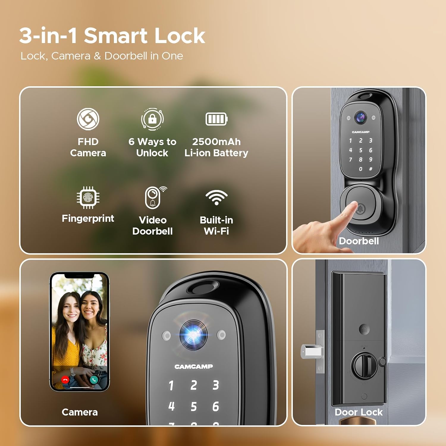 Smart Lock with Camera & Doorbell, 3-in-1 Smart Deadbolt for Front Door, Fingerprint Keyless Entry Door Lock with Live View, Video Smart Lock Built-in Wi-Fi, Auto Lock, Siri Unlock, IP66 Waterproof