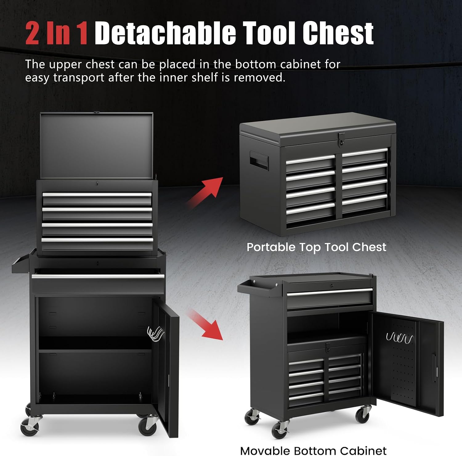 DORTALA Rolling Tool Chest Cabinet, Tool Box Organizer with 5 Sliding Drawers, Locking System, Toolbox Storage Cabinet on Wheels for Garage Workshop, Black