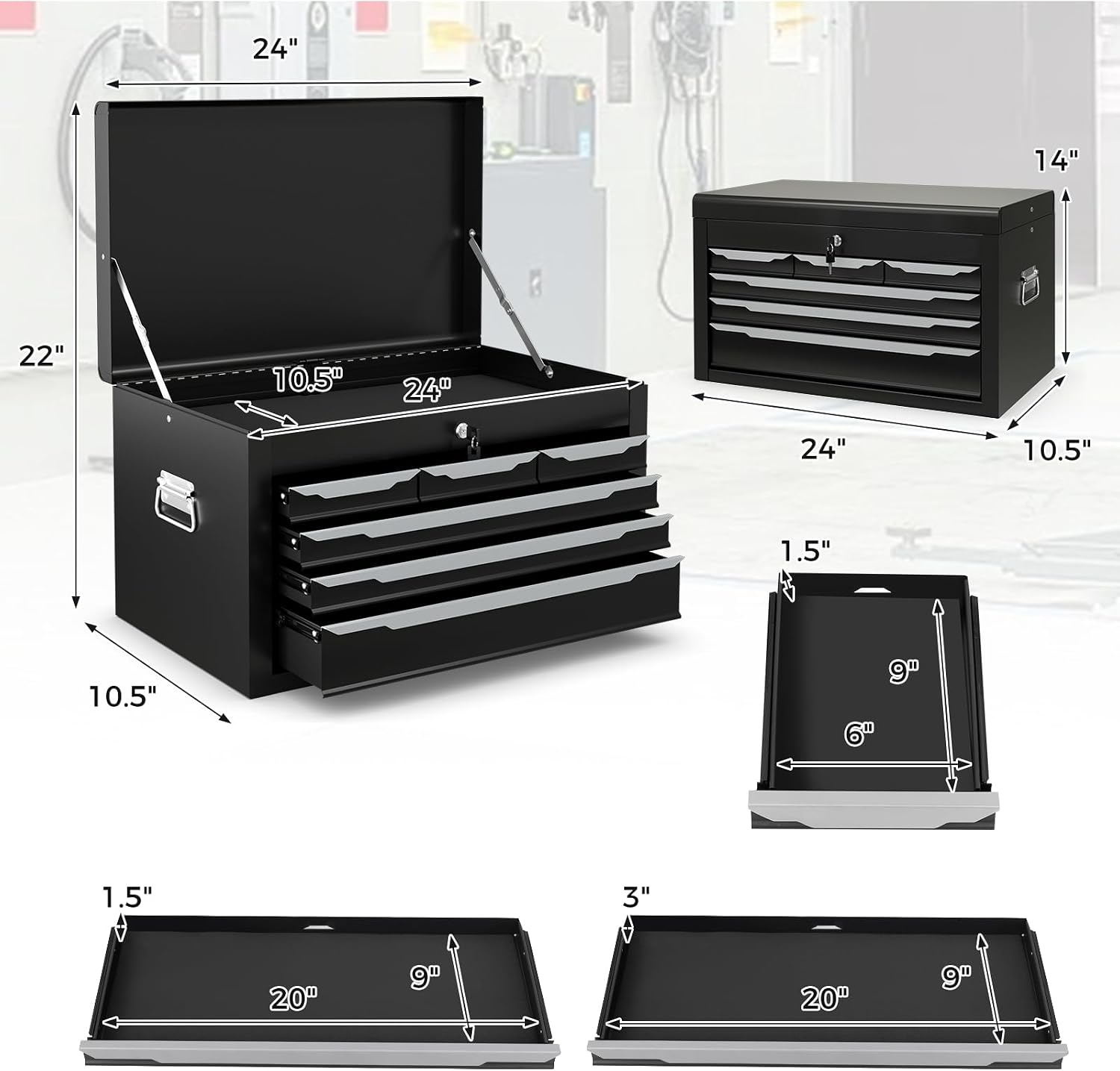 ERGOMASTER Steel Tool Box, 24'' Metal Tool Box with 6 Drawers, Lockable Heavy Duty Tool Chest Cabinet Storage Toolbox for Garage, Workshop, Repair Shop (Black-6 Drawers)
